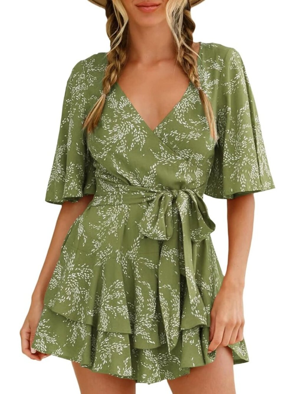 Women's Laurel Green Short Flared Sleeve V Neck Floral Print Waist Tie Romper